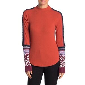 Free People Switch It Up Thermal Top Long Crochet Sleeve Cuff Red Medium